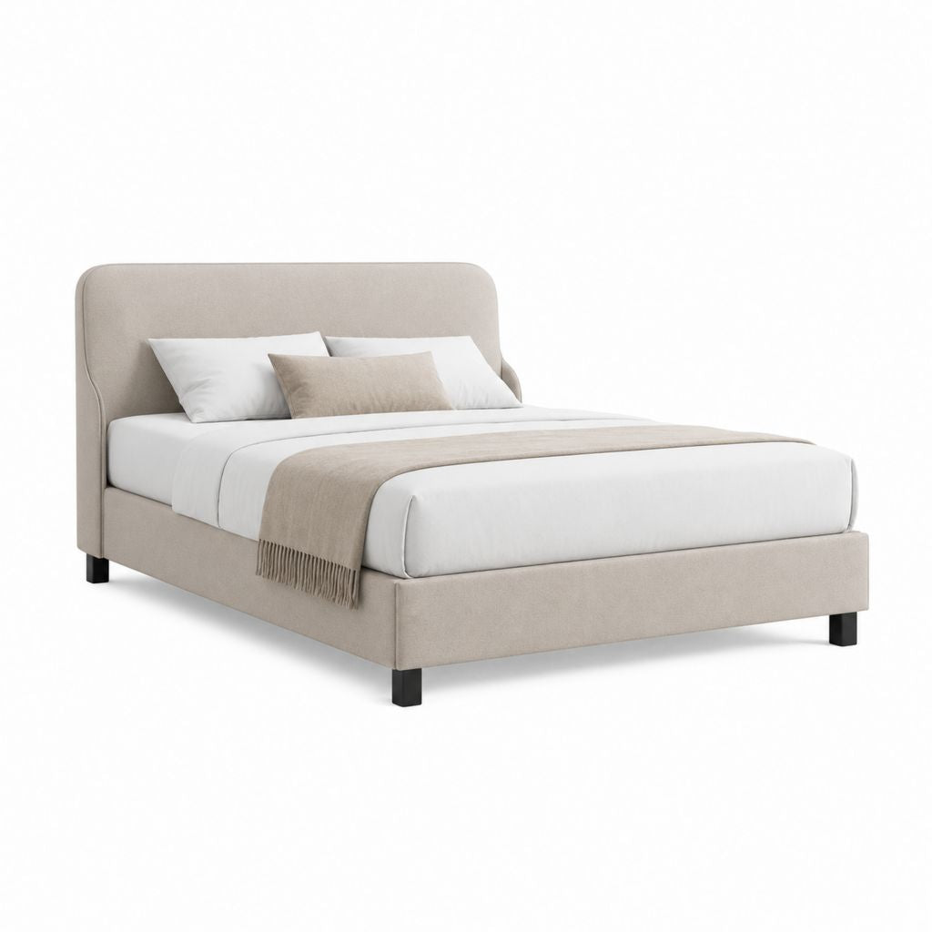 Lit double rembourré en tissu beige 172 × 214 × 110 cm, pour matelas 160 × 200 cm, avec tête de lit et jambes noires