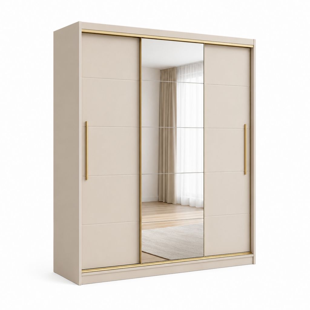 Armoire armoire rectangulaire à 3 portes coulissantes en MDF et truciolaire mélaminique avec miroir, beige et or, 180 × 60 × 210 cm
