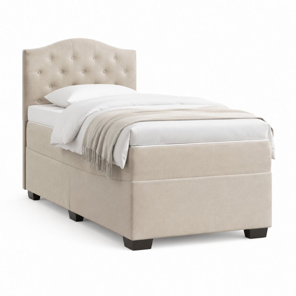 Lit simple rembourré 90 × 200 cm, taille 102 × 212 × 120 cm, revêtement en polyester beige, tête de lit capitonné et pieds brun foncé
