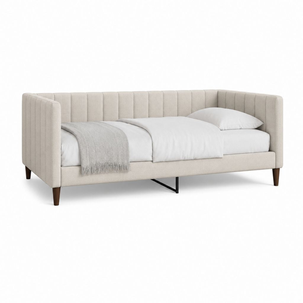 Lit simple rembourré 90 × 200 cm en tissu beige avec tête de lit et rives