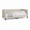 Lit simple rembourré 90 × 200 cm en tissu beige avec tête de lit et rives