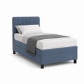 Lit simple rembourré en polyester bleu avec pieds noirs, matelas 90 × 200 cm